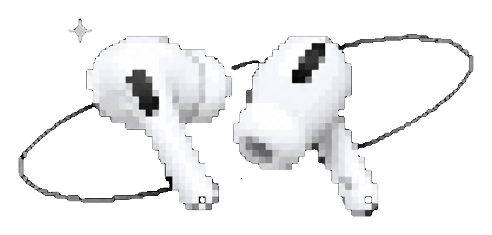 Podz: two white pixel earbuds floating in an orbit ring