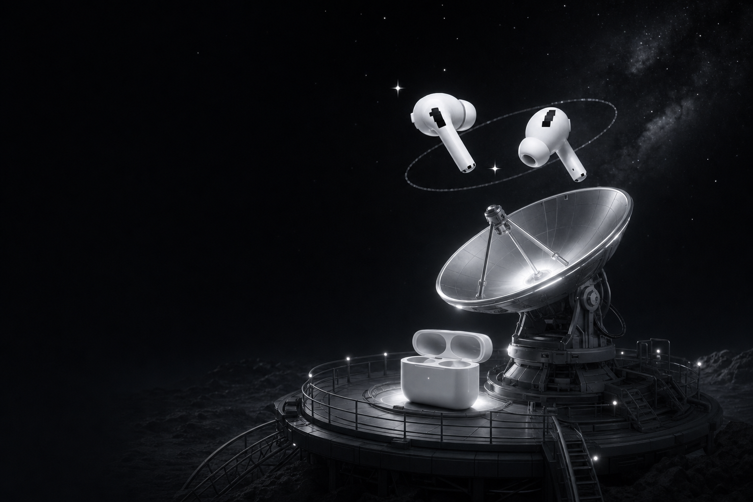 The two earbuds orbiting above an observatory dish, the open charging case on the platform below
